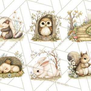 May include: A collection of watercolour illustrations featuring woodland creatures such as a badger, owl, hedgehog, rabbit, and squirrel. Each animal is set in a natural environment with flowers and foliage. The artwork uses a soft, pastel colour scheme.