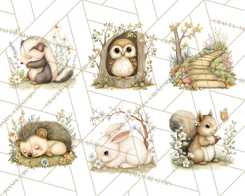 May include: A collection of watercolour illustrations featuring woodland creatures such as a badger, owl, hedgehog, rabbit, and squirrel. Each animal is set in a natural environment with flowers and foliage. The artwork uses a soft, pastel colour scheme.