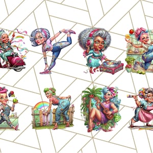 May include: A collage of eight cartoon illustrations of stylish older women in various poses. One rides a pink scooter, another does yoga, and others play a record player, cook, paint, and play a ukulele. Each woman has unique hair and outfits.