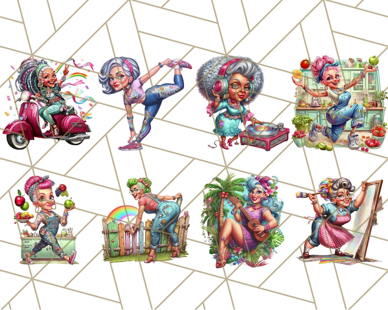May include: A collage of eight cartoon illustrations of stylish older women in various poses. One rides a pink scooter, another does yoga, and others play a record player, cook, paint, and play a ukulele. Each woman has unique hair and outfits.