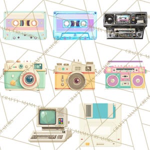 May include: A collection of vintage-style illustrations featuring a cassette tape, a car stereo, two cameras, a boombox, a computer, and a floppy disk. The items are in pastel colors, including mint green, yellow, and pink, against a white background.