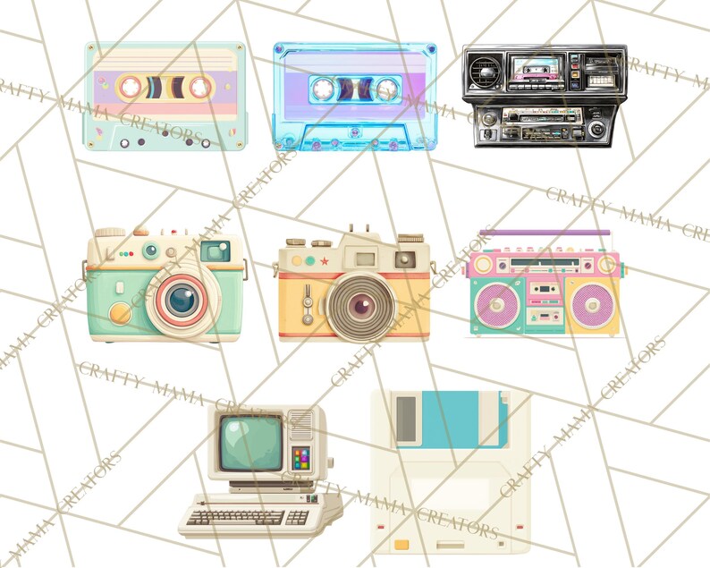 May include: A collection of vintage-style illustrations featuring a cassette tape, a car stereo, two cameras, a boombox, a computer, and a floppy disk. The items are in pastel colors, including mint green, yellow, and pink, against a white background.