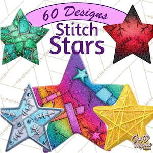 May include: An image showcasing six colorful star designs with various textures and patterns. The stars are in shades of green, red, blue, purple, and yellow. Text reads "60 Designs Stitch Stars".