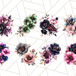 May include: A collection of eight watercolor floral bouquets in shades of pink, purple, blue, and green. The bouquets are arranged in a grid pattern on a white background with a geometric pattern.