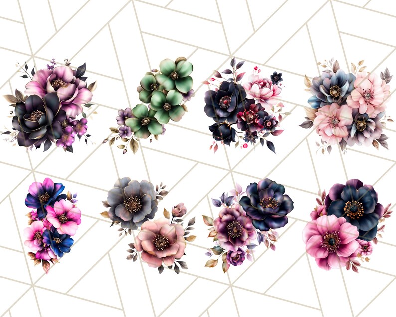 May include: A collection of eight watercolor floral bouquets in shades of pink, purple, blue, and green. The bouquets are arranged in a grid pattern on a white background with a geometric pattern.