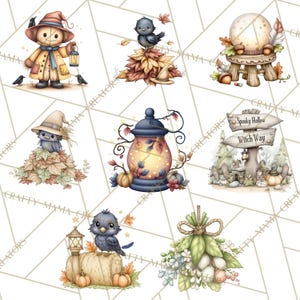 Pode incluir: Ilustra&ccedil;&otilde;es em aquarela com temas de outono e Halloween. Inclui um espantalho, p&aacute;ssaros, uma bola de cristal, uma lanterna, uma placa de sinaliza&ccedil;&atilde;o e um buqu&ecirc; de flores. A paleta de cores usa tons quentes de laranja, marrom e bege.