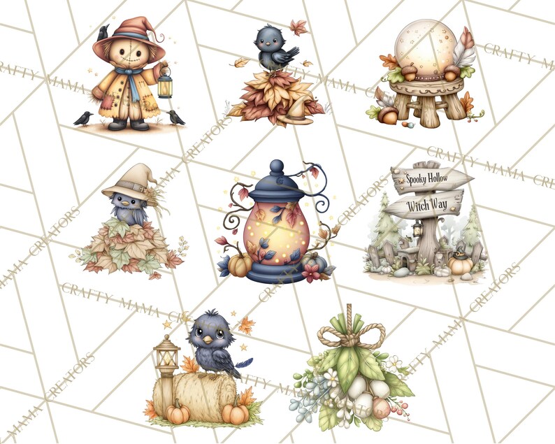 Pode incluir: Ilustra&ccedil;&otilde;es em aquarela com temas de outono e Halloween. Inclui um espantalho, p&aacute;ssaros, uma bola de cristal, uma lanterna, uma placa de sinaliza&ccedil;&atilde;o e um buqu&ecirc; de flores. A paleta de cores usa tons quentes de laranja, marrom e bege.