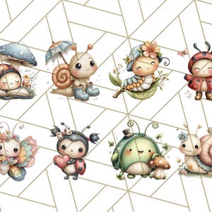 Puede incluir: Una colecci&oacute;n de ocho ilustraciones de acuarela de adorables insectos y criaturas de dibujos animados. Las im&aacute;genes incluyen una mariquita bajo una seta, un caracol con un paraguas y una oruga en una hoja, todos con colores suaves y expresiones dulces.
