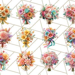 Op de afbeelding: Een verzameling van twaalf kleurrijke bloemboeketten. Elk boeket bevat een verscheidenheid aan bloemen in tinten roze, oranje, geel en blauw, vastgebonden met linten. De boeketten zijn gerangschikt op een witte achtergrond met een geometrisch patroon.