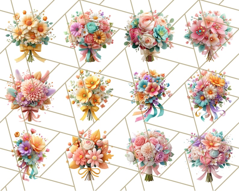 Op de afbeelding: Een verzameling van twaalf kleurrijke bloemboeketten. Elk boeket bevat een verscheidenheid aan bloemen in tinten roze, oranje, geel en blauw, vastgebonden met linten. De boeketten zijn gerangschikt op een witte achtergrond met een geometrisch patroon.