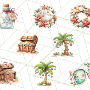 May include: Watercolor illustrations of various holiday-themed items. Includes a glass bottle with a snowflake, seashell wreaths, treasure chests, palm trees with ornaments, and sunglasses with a winter scene.