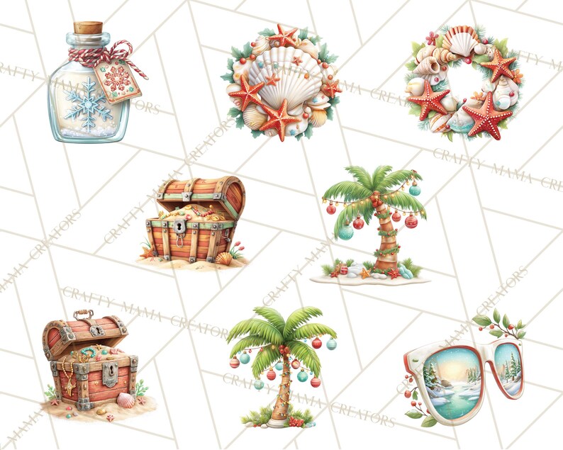 May include: Watercolor illustrations of various holiday-themed items. Includes a glass bottle with a snowflake, seashell wreaths, treasure chests, palm trees with ornaments, and sunglasses with a winter scene.