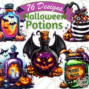 May include: 76 Halloween Potion Designs. A digital illustration of six different potion bottles with various colors, textures, and designs. Each bottle is surrounded by pumpkins and other Halloween-themed elements.