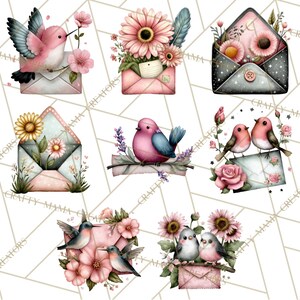 May include: Watercolor illustrations of birds, flowers, and envelopes. The images feature hummingbirds, songbirds, and floral arrangements in soft pinks, blues, and greens. The envelopes are decorated with flowers and stars.