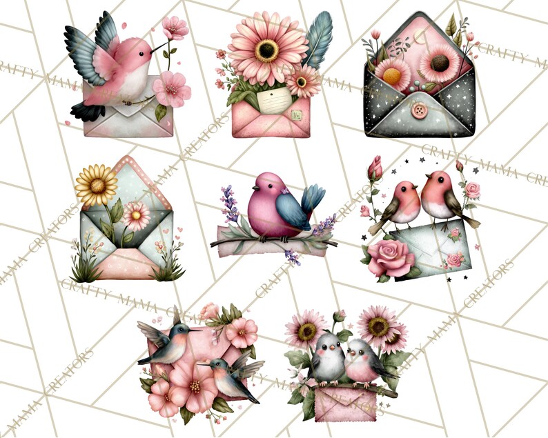 May include: Watercolor illustrations of birds, flowers, and envelopes. The images feature hummingbirds, songbirds, and floral arrangements in soft pinks, blues, and greens. The envelopes are decorated with flowers and stars.