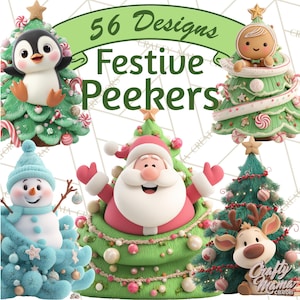 Puede incluir: Una colección de diseños festivos de árboles de Navidad con un pingüino, un hombre de jengibre, un muñeco de nieve, Papá Noel y un reno. Los árboles están decorados con bastones de caramelo, adornos y estrellas. La imagen incluye el texto "56 Designs Festive Peekers."