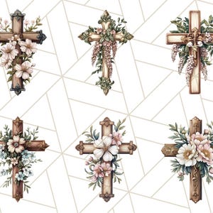 Aquarel bloemen christelijk kruis PNG, religieuze clipart voor sublimatie, op geloof gebaseerde digitale download, afdrukbare paaskruis, bloemenkruis afbeelding 6