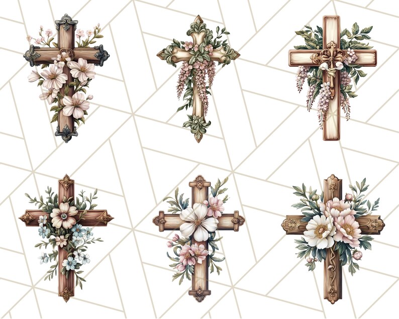 Aquarel bloemen christelijk kruis PNG, religieuze clipart voor sublimatie, op geloof gebaseerde digitale download, afdrukbare paaskruis, bloemenkruis afbeelding 6
