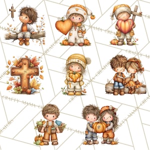 May include: A collection of watercolor illustrations featuring children with autumn themes. The images include children holding pumpkins, crosses, and reading books. The color palette is warm, with shades of orange, brown, and beige, evoking a cozy, seasonal feel.