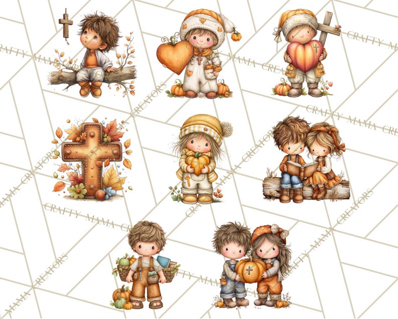 May include: A collection of watercolor illustrations featuring children with autumn themes. The images include children holding pumpkins, crosses, and reading books. The color palette is warm, with shades of orange, brown, and beige, evoking a cozy, seasonal feel.