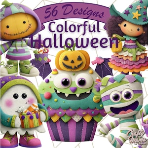 May include: A digital art image featuring colorful Halloween-themed characters. The image includes a pumpkin-topped cupcake, a mummy, a witch, a ghost, and a doll-like figure. Text reads "56 Designs Colorful Halloween".