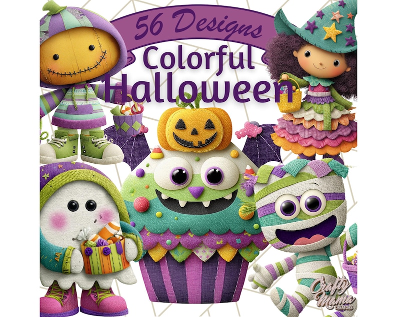 May include: A digital art image featuring colorful Halloween-themed characters. The image includes a pumpkin-topped cupcake, a mummy, a witch, a ghost, and a doll-like figure. Text reads "56 Designs Colorful Halloween".