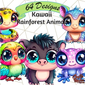 Paquete de animales de la selva tropical, linda fauna de la selva kawaii PNG, animales tropicales, criaturas exóticas, animales del zoológico de dibujos animados, imágenes prediseñadas de la naturaleza, imágenes digitales