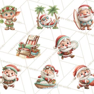 May include: A collection of watercolor illustrations featuring Santa Claus in tropical settings. Santa is depicted with a surfboard, on a jet ski, in a hammock, and with a beach ball. Other illustrations include a beach chair and a tropical elf.