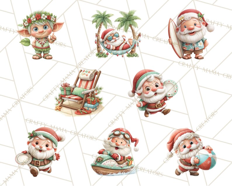May include: A collection of watercolor illustrations featuring Santa Claus in tropical settings. Santa is depicted with a surfboard, on a jet ski, in a hammock, and with a beach ball. Other illustrations include a beach chair and a tropical elf.
