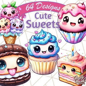 Cara de dulce PNG, clip art de postre kawaii lindo, pegatinas de galletas, donas, cupcakes, helados, gráficos de comida coloridos PNG