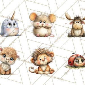 Pu&ograve; includere: Sei adorabili illustrazioni di animali dei cartoni animati, tra cui un narvalo, un topo, un alce, un alpaca, un leone e una coccinella. Ogni personaggio &egrave; reso in uno stile acquerello carino con grandi occhi e colori tenui, su uno sfondo geometrico.