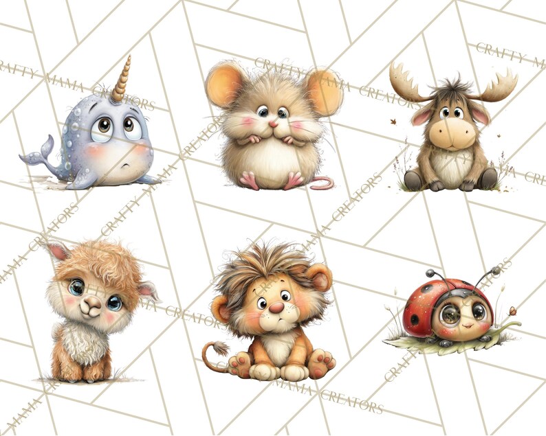 Pu&ograve; includere: Sei adorabili illustrazioni di animali dei cartoni animati, tra cui un narvalo, un topo, un alce, un alpaca, un leone e una coccinella. Ogni personaggio &egrave; reso in uno stile acquerello carino con grandi occhi e colori tenui, su uno sfondo geometrico.