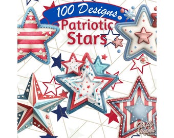 Patriotic Star Clipart PNG, Red White and Blue Puffy Star Clip Art, Fourth of July Stars, Cute Shiny American Stars, 4th of July Graphics