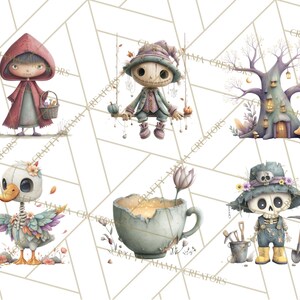 May include: Watercolor illustrations of whimsical Halloween characters. Includes a girl in a red hooded cloak, a scarecrow on a swing, a treehouse, a skeleton duck, a teacup with a flower, and a skeleton gardener with tools.