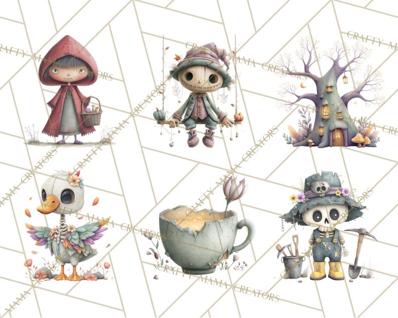 May include: Watercolor illustrations of whimsical Halloween characters. Includes a girl in a red hooded cloak, a scarecrow on a swing, a treehouse, a skeleton duck, a teacup with a flower, and a skeleton gardener with tools.