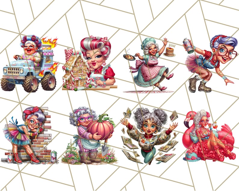 May include: A collection of whimsical illustrations featuring a cartoon woman in various scenarios. Depicted are scenes of her driving a jeep, baking a gingerbread house, flipping pancakes, and more. The illustrations are colorful and detailed.