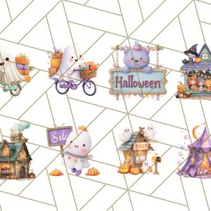 Peut inclure: Illustrations &agrave; l'aquarelle sur le th&egrave;me d'Halloween. On y voit un fant&ocirc;me &agrave; v&eacute;lo, un ours tenant une pancarte "Halloween", une maison hant&eacute;e et un fant&ocirc;me avec un panneau "Soldes". Des citrouilles et autres &eacute;l&eacute;ments festifs sont &eacute;galement pr&eacute;sents.