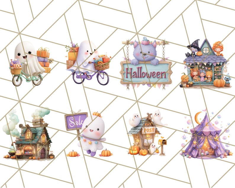 Peut inclure: Illustrations &agrave; l'aquarelle sur le th&egrave;me d'Halloween. On y voit un fant&ocirc;me &agrave; v&eacute;lo, un ours tenant une pancarte "Halloween", une maison hant&eacute;e et un fant&ocirc;me avec un panneau "Soldes". Des citrouilles et autres &eacute;l&eacute;ments festifs sont &eacute;galement pr&eacute;sents.