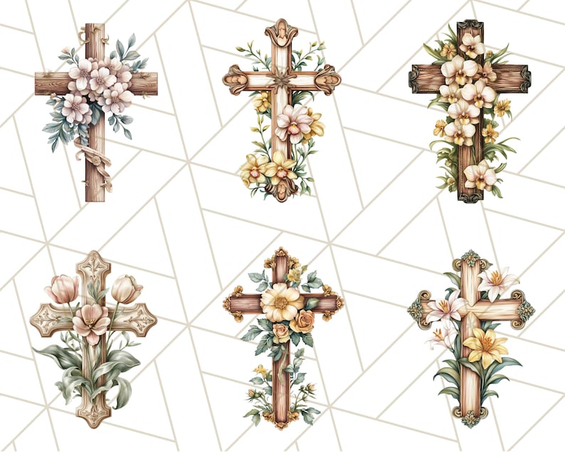 Aquarel bloemen christelijk kruis PNG, religieuze clipart voor sublimatie, op geloof gebaseerde digitale download, afdrukbare paaskruis, bloemenkruis afbeelding 7