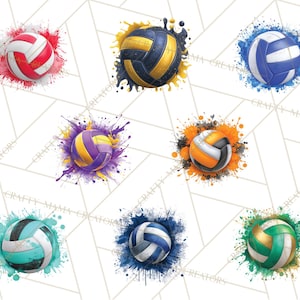May include: A collection of watercolor-style volleyballs in various color schemes, including red and white, navy and gold, blue and white, purple and yellow, orange and black, teal and black, navy and white, and green and gold. Each ball is surrounded by a splash of matching color.