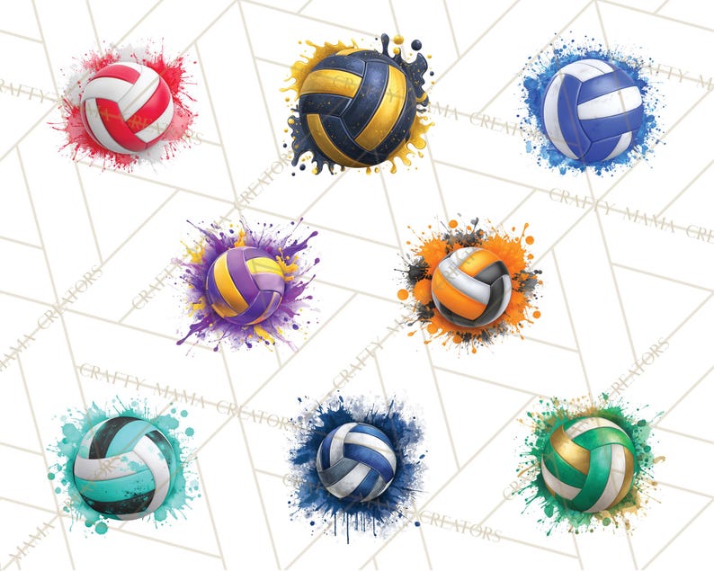 May include: A collection of watercolor-style volleyballs in various color schemes, including red and white, navy and gold, blue and white, purple and yellow, orange and black, teal and black, navy and white, and green and gold. Each ball is surrounded by a splash of matching color.