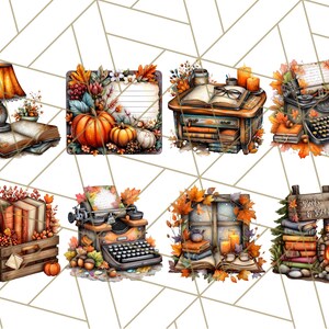 May include: Watercolor illustrations of autumn-themed objects. The image includes a lamp on books, pumpkins, a desk with books and candles, a typewriter, a crate of books, a window with books and tea, and a fireplace with books and a sign that says "Books & Baths".