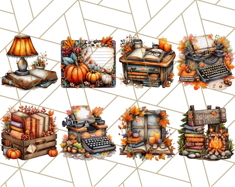 May include: Watercolor illustrations of autumn-themed objects. The image includes a lamp on books, pumpkins, a desk with books and candles, a typewriter, a crate of books, a window with books and tea, and a fireplace with books and a sign that says "Books & Baths".