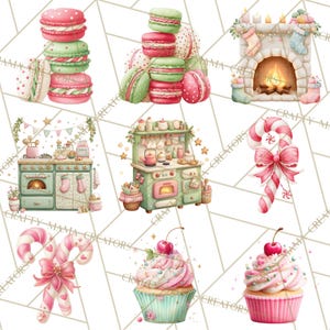 May include: Watercolor illustrations of festive treats and kitchen scenes. The image includes stacks of macarons, a fireplace with stockings, a candy cane with a bow, a cupcake with a cherry, and a kitchen with baking tools.
