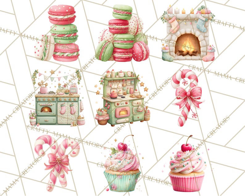 May include: Watercolor illustrations of festive treats and kitchen scenes. The image includes stacks of macarons, a fireplace with stockings, a candy cane with a bow, a cupcake with a cherry, and a kitchen with baking tools.