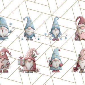 May include: Watercolor illustrations of Christmas gnomes in various poses. The gnomes wear blue and pink hats and coats, some holding stars, gifts, or ornaments. The background features a geometric gold and white pattern.