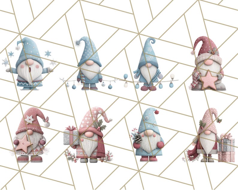 May include: Watercolor illustrations of Christmas gnomes in various poses. The gnomes wear blue and pink hats and coats, some holding stars, gifts, or ornaments. The background features a geometric gold and white pattern.