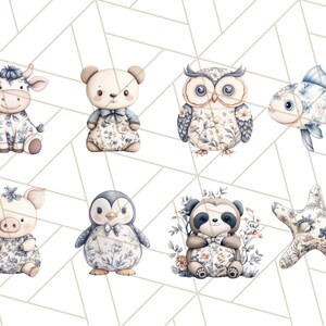 May include: A set of eight watercolor illustrations featuring various animals and objects. The illustrations are in a blue and white floral pattern. The animals include a cow, bear, owl, fish, pig, penguin, panda, and a starfish.