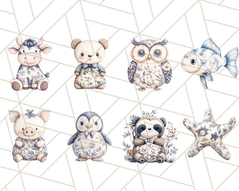 May include: A set of eight watercolor illustrations featuring various animals and objects. The illustrations are in a blue and white floral pattern. The animals include a cow, bear, owl, fish, pig, penguin, panda, and a starfish.