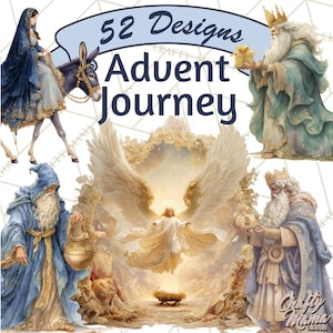 May include: Digital illustration with religious figures and the text "52 Designs Advent Journey." The image includes a woman on a donkey, three wise men, and an angel. The colour palette is primarily gold, blue, and white.